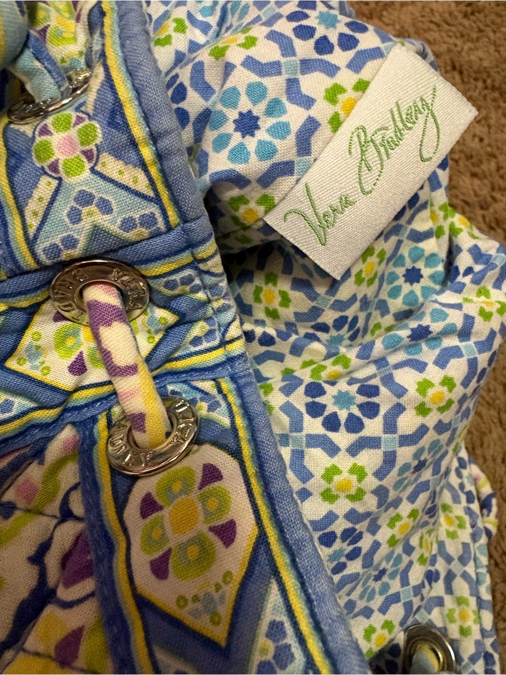 Vera Bradley Blue Paisley Quilted Drawstring Backpack - Picture 2 of 6